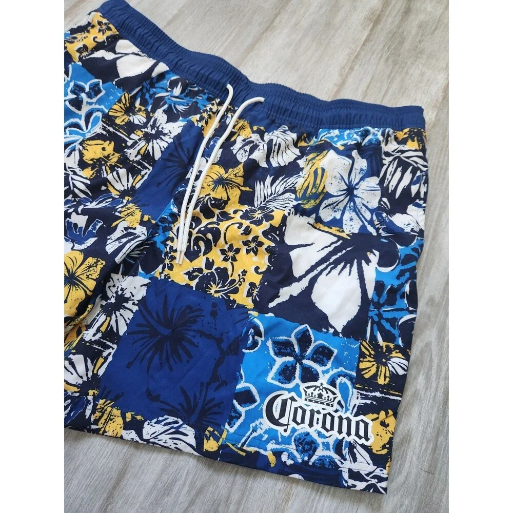 Corona Hawaiian Swim Trunks Blue Yellow Floral Patchwork Mens 2XL Board Shorts - Picture 2 of 8